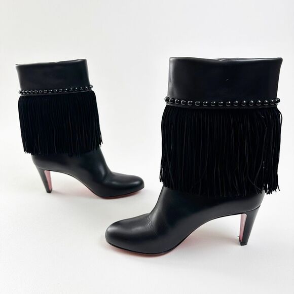 CHRISTIAN LOUBOUTIN Tudor Jo Fringe Black Bootie 39 US 8.5 Ankle Boots Studded - Picture 8 of 14